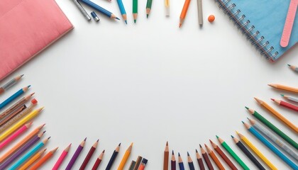 Fototapeta premium Colorful school supplies arranged in a frame on white background