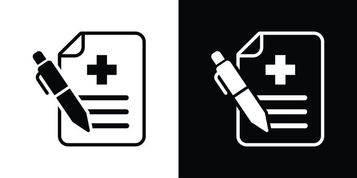 Medical prescription document icon with pencil. Black and white minimalist vector graphics for healthcare and digital rx.