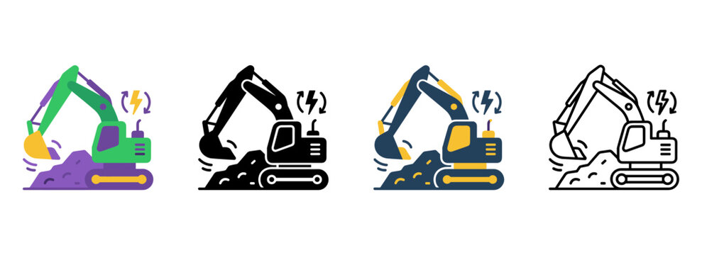 Heavy Machinery Icon with Excavator, Tracks Bucket and Construction Equipment Symbols in Flat, Silhouette, Outline and Glyph Design