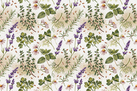 Seamless pattern with watercolor culinary herbs and flowers including lavender and chamomile on a cream background, for fabric