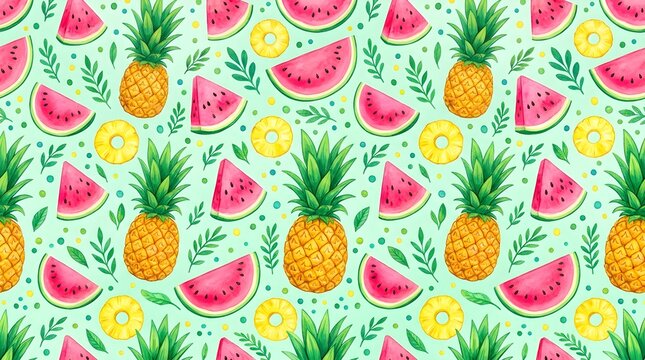 Vibrant seamless pattern of pineapples watermelon slices and tropical leaves on a mint green background with colorful polka dots