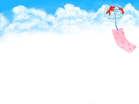 入道雲と青い空をバックにゆらゆらと揺れる風鈴が右側に入った背景素材イラスト