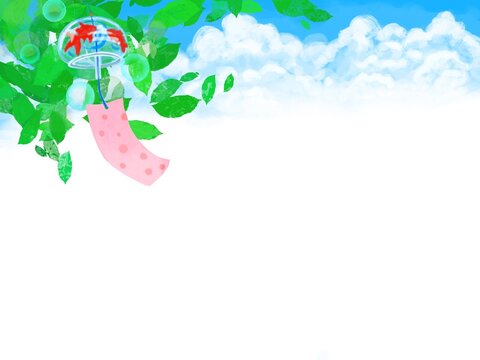 入道雲と青い空をバックに緑の葉っぱとゆらゆらと揺れる風鈴の背景素材イラスト