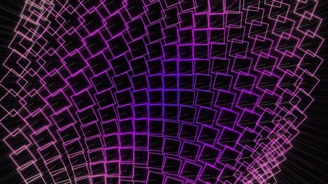 Glowing neon square grid with futuristic geometric wireframe distortion effect, Abstract luminous matrix animation with colorful geometric squares and digital depth on dark background 4k
