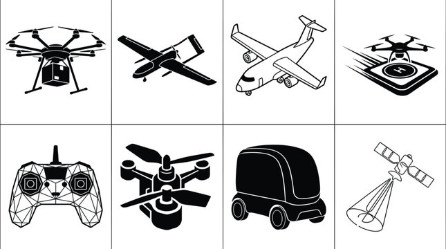 Set of delivery drone and autonomous technology icons including quadcopters airplane remote control satellite and self driving cargo vehicle