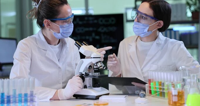Female scientists conduct research with microscope and note results in lab. Chemists in masks analyze material specimen with magnifying equipment