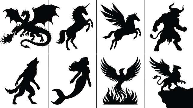 Black silhouette icons of mythical creatures and fantasy beasts featuring dragon unicorn pegasus minotaur werewolf mermaid phoenix and griffin