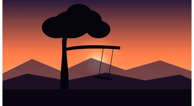 Minimalist sunset landscape with silhouette tree and empty swing animation