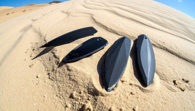 Precisely flaked obsidian blades arranged on desert sand showcasing ancient craftsmanship and sharp edges