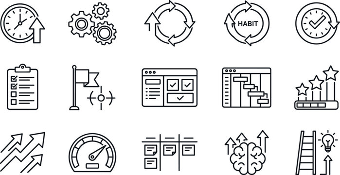 Productivity and agile project management outline icons set including kanban board gantt chart habit tracker line vector illustration