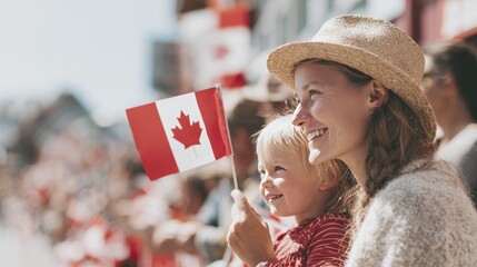 Naklejka premium Smiling mother and child at canadian holiday event with flag