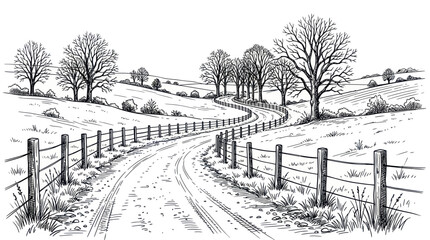 Obraz premium Winding country road through rolling hills with bare trees and fences