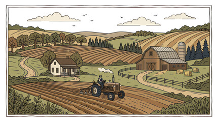Farmer on a tractor plowing fields near a barn and farmhouse © titisan