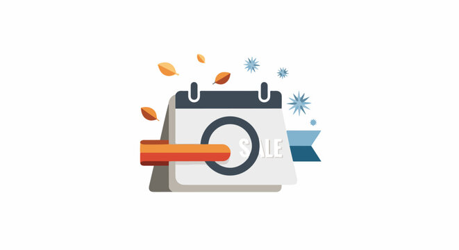 Seasonal sale calendar with falling leaves and snowflakes, event announcement graphic