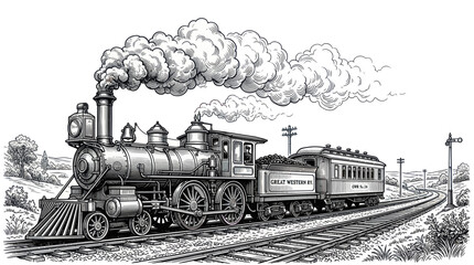 Vintage steam locomotive traveling on railway tracks through hills © titisan