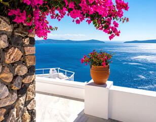 Obraz premium Admire stunning Mediterranean views with vibrant pink bougainvillea framing a deep blue sea, perfect for luxury travel promotions, vacation concepts, and romantic getaways.
