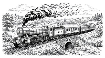 Vintage steam locomotive crossing a stone bridge in rural landscape © titisan