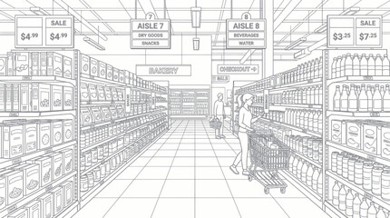 Woman shopping with cart in grocery store aisle with products © titisan