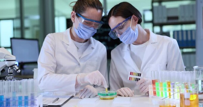 Women chemists conduct test of liquid pH with reagent and color scale in lab. Medical specialists in masks research sample quality in medical center