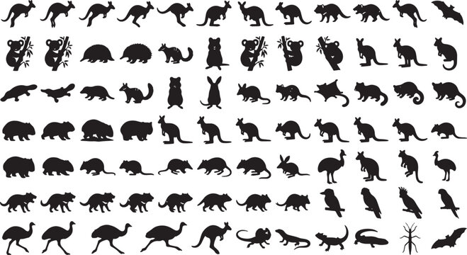 Australian Wildlife Silhouettes Collection, 60 Diverse Animal Icons, Kangaroo, Koala, Emu, Reptile Vector Graphics for Nature and Safari Designs