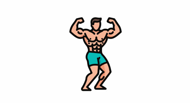 Muscular man flexing arms, showcasing sculpted physique in blue shorts