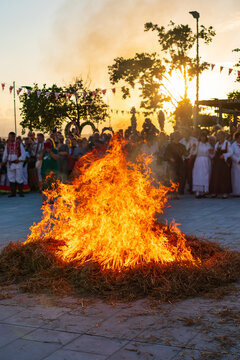 Large ceremonial bonfire burning during a traditional cultural festival in Selce, Croatia. Celebrating local heritage and community tradition