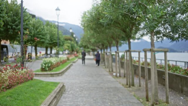 Lakeside promenade blurred street with trees, lampposts, railing and cobblestone path; background copyspace backplate calm.