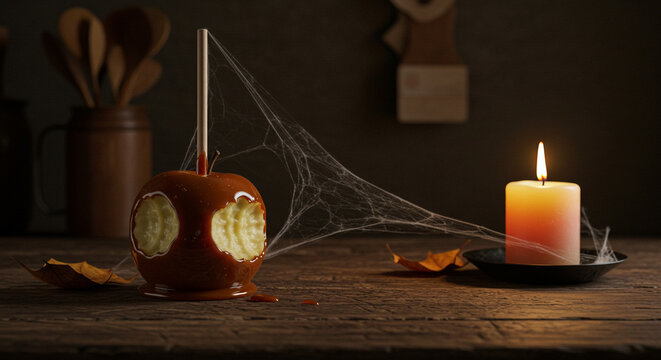 A caramel apple with bite marks sits on a wooden table next to a lit c