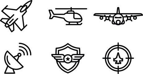Military aviation line icon vector set fighter jet helicopter cargo plane radar dish air force badge target scope defense © PUTUL