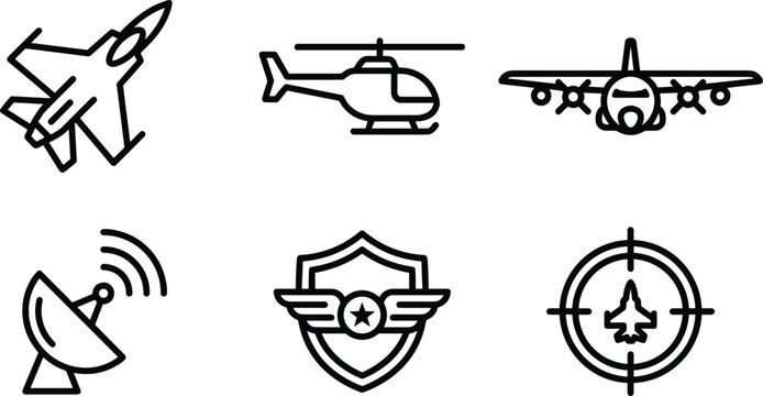 Military aviation line icon vector set fighter jet helicopter cargo plane radar dish air force badge target scope defense
