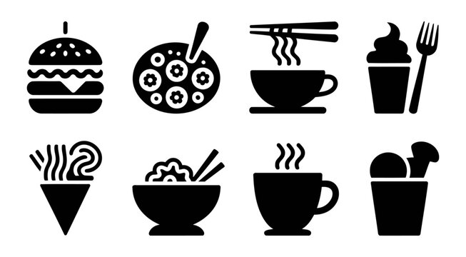 A clean and bold bundle of restaurant food icons in pure black silhouette style