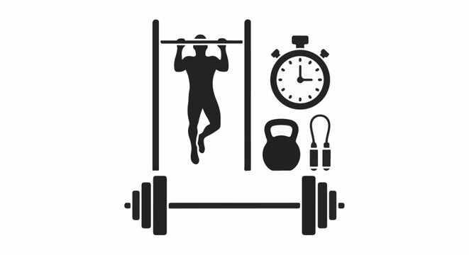 Fitness equipment icons pull-up bar with person, stopwatch, kettlebell, jump rope, and barbell