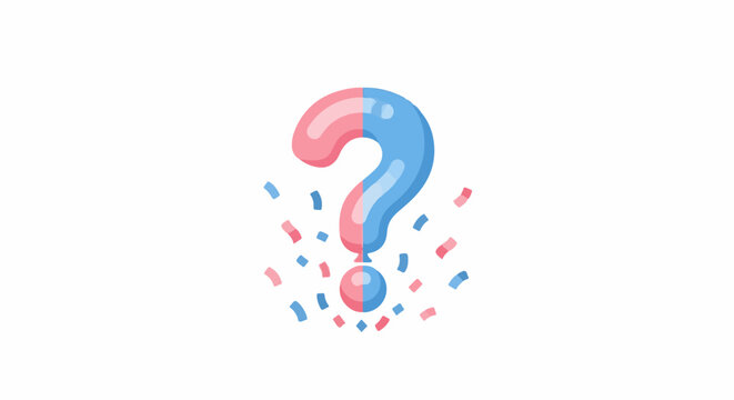 A question mark formed by a pink and blue balloon, surrounded by confetti