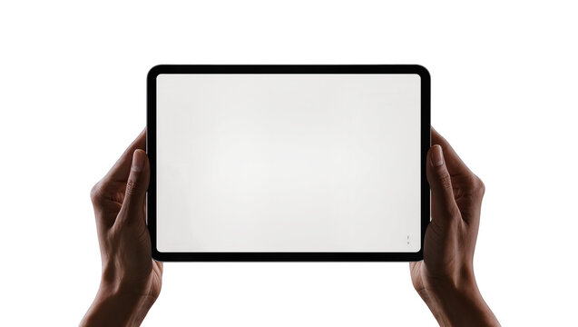 Isolated hands holding modern digital tablet with a blank screen in horizontal orientation
