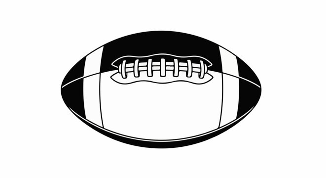 A simple black and white illustration of a football with laces for grip