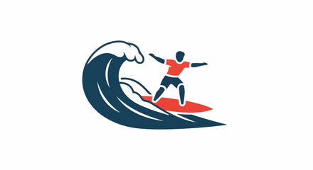 Fototapeta premium Surfer rides a large wave on a red surfboard, athletic pose, dark blue and red