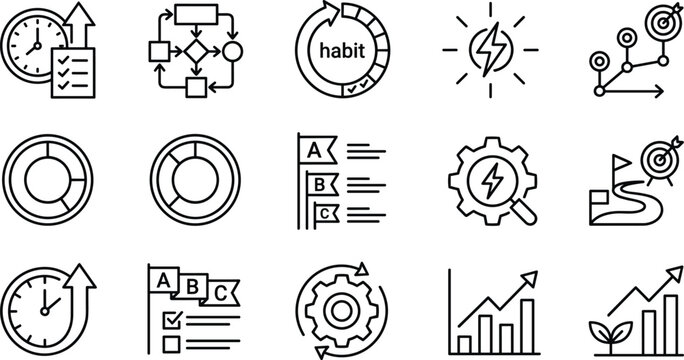 Productivity and performance metrics outline icons set including time management goal target habit tracker line vector illustration