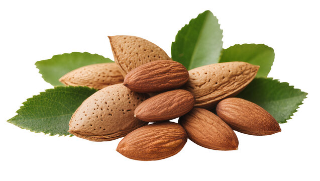 Isolated close-up of fresh almonds with shells and green leaves, healthy organic snack