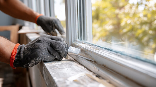 Gloved hands scraping old caulk from painted interior window sill during DIY renovation in daylight