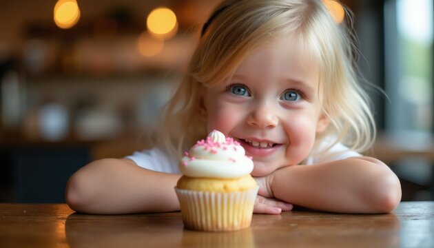 Blonde toddler girl smiles happily at a frosted cupcake with pink sprinkles. Child rests chin on arms at wooden table. Sweet moment captured indoors with soft bokeh lights.