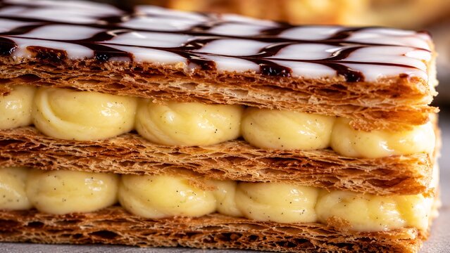 Classic French mille-feuille pastry with vanilla cream and chevron icing pattern
