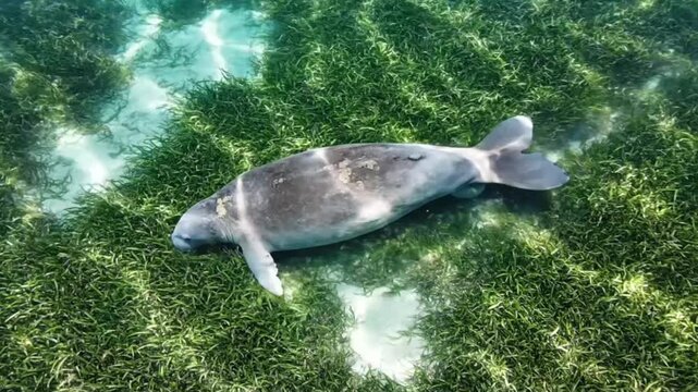 Dugong swimming slowly over lush green seagrass bed in shallow clear tropical ocean, close underwater view of rare marine mammal in its natural habitat.