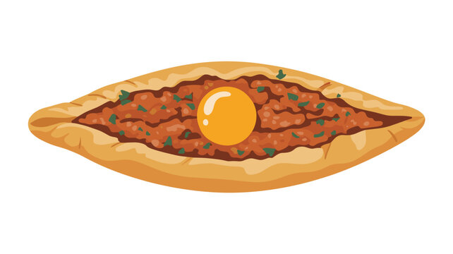 Traditional Turkish pide flatbread topped with spiced minced meat and a sunny-side-up egg presented on a white background for culinary menu concepts.