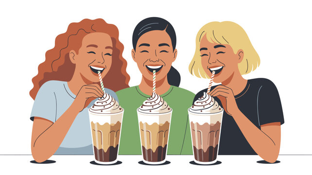 Three diverse women laughing while drinking iced coffee frappes with striped straws in a cheerful social atmosphere depicted in a flat cartoon illustration style.