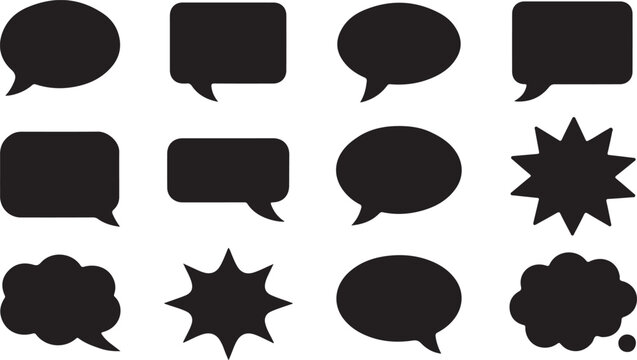 Black Speech Bubble Shapes Set Vector &mdash; Comic Chat Balloons, Starburst Callouts & Cloud Thought Bubbles