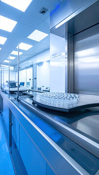 Sterile pharmaceutical manufacturing facility showing glass vials on an automated turntable conveyor in a bluelit cleanroom. Ideal for medical research and biotech concepts.