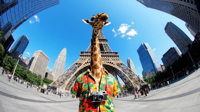 Anthropomorphic Giraffe Tourist Wearing a Hawaiian Shirt and Vintage Camera at the Eiffel Tower