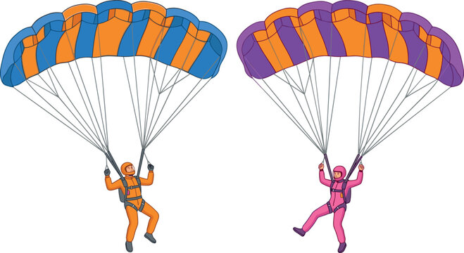 Vector Illustration Set of Skydivers Parachuting in the Sky Featuring Male and Female Extreme Sports Athletes Gliding with Colorful Parachutes