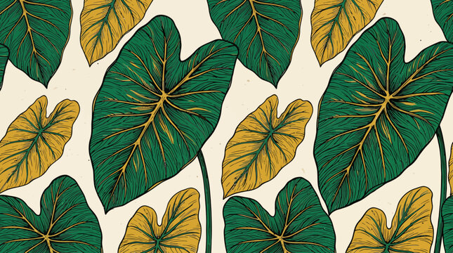 Tropical Taro Leaf Pattern: Green and Yellow Botanical Textile Design