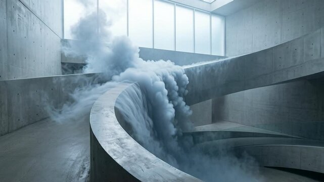 Cinematic wide shot of thick white fog cascading like a waterfall over a minimalist concrete architectural structure
